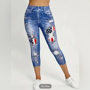 Denim printed bottoms, slim capris Leggings casual yoga high elastic high waist.